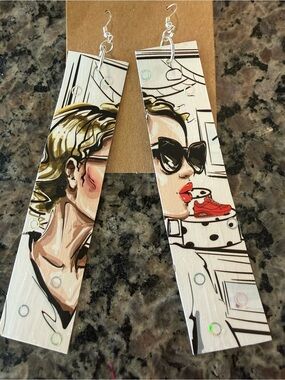 Graphic Pop Art Long Dangle Earrings with Red Accent 4” Long